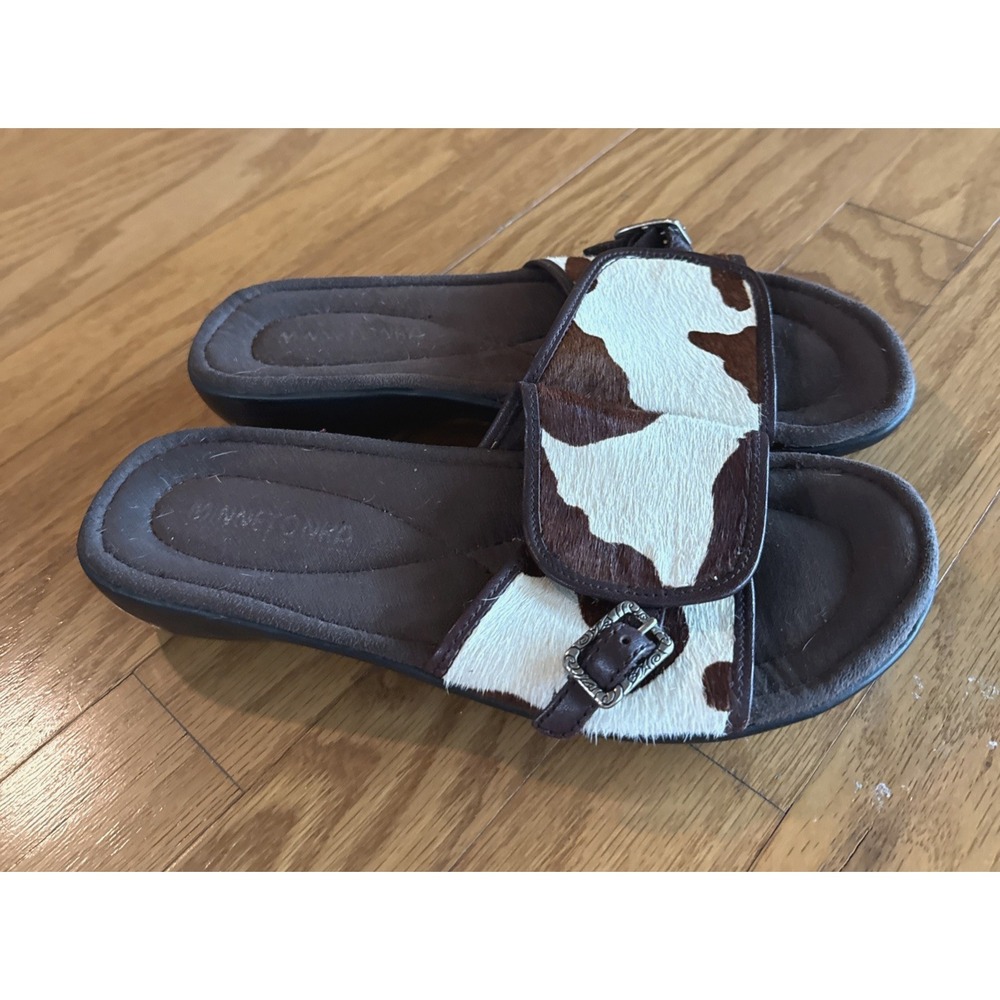 Minnetonka Calf Cow Hair Cow Print Brown & White Slip On Slides Sandals Sz 7